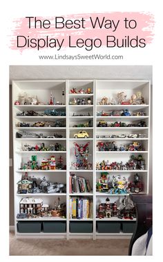 the best way to display lego build toys is with this bookcase full of legos