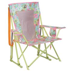 a pink and green lawn chair with flowers on it's back legs, sitting in front of a white background