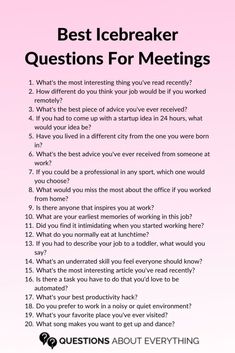 the best icebreakerer questions for meetings are in this pink and white poster with black lettering