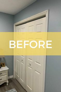 a bedroom with blue walls and white doors before and after the paint job is done