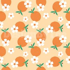 an orange with white flowers and leaves on a peach colored background that is seamless