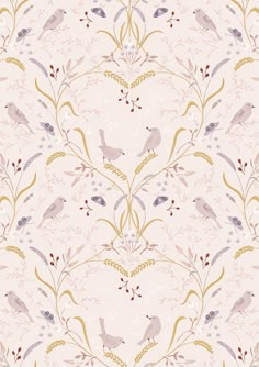 a wallpaper pattern with birds and flowers on it's side, in pastel colors