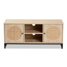 an entertainment center with two speakers on the front and one on the back, in natural wood