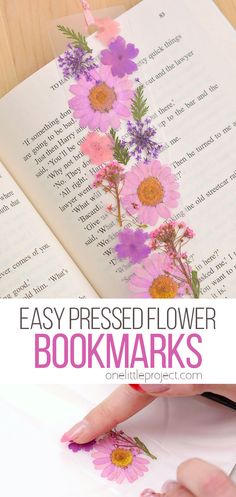 an open book with flowers painted on it and the words easy pressed flower bookmarks