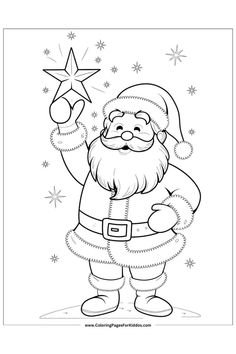 Santa holds a shining star amidst a starry night sky, celebrating the December season. Christmas Coloring Sheets For Kids, December Coloring Pages, Merry Christmas Coloring Pages, Christmas Colouring Pages, Xmas Drawing, Christmas Decorations Diy Crafts