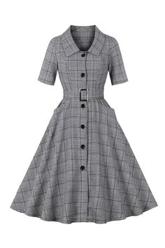 ZAPAKA Women Grey 1950s Dress with Pockets A-Line 3/4 Sleeves Vintage Dress 1950s Glamour, 1980 Clothes, Plaid Summer Dress, Strech Dresses, Vintage Wedding Party, Wrap Dress Long, Long Dress Plus Size, 1960 Dress, Robes Vintage