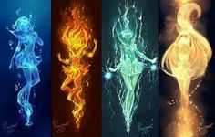 four different types of fire and water in the form of female figures, with various colors