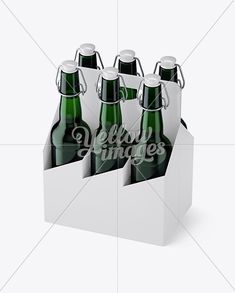 six green beer bottles in a white box