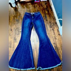 Worn Once For A Bachelorette Party. Great Shape Practically Brand New. Embroidered Bell Bottoms, Fall Festival Denim Flare Jeans, Blue Flare Jeans For Festival, Blue Flare Jeans For Summer Festival, Dark Wash Jeans For Spring Night Out, Fitted Bottoms With Frayed Hem For Party, Festival Stretch Denim Jeans, Fitted Denim Jeans For Party, Stretch Denim Jeans For Festival