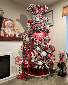 a christmas tree decorated with candy canes and ornaments