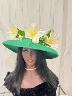 "This hat is ready to ship today from Tennessee, USA. I ship quickly and package safely in boxes.   See more  distinctive hat choices at https://www.etsy.com/shop/equineelan   This hat is a vibrant deep green color. with 3 white star flowers. The hat shape is a \"Hepburn\" shape hat. The inside hat band is adjustable for a customized and secure fit. See photo. The hat fits up to 59 cm or 23.5\" head. The velco closure allows you to make it smaller. Wear it level on your head or tilt it over one Green Straw Hat With Curved Brim For Garden Party, Green Brimmed Straw Hat For Garden Party, Green Curved Brim Straw Hat For Garden Party, Green Wide Brim Straw Hat For Garden Party, Adjustable Green Costume Hats With Short Brim, Green Straw Hat With Curved Brim For Spring, Green Curved Brim Straw Hat For Spring, Green Sun Hat With Flat Brim, Green Short Brim Straw Hat For Kentucky Derby