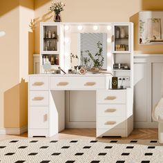 a white dressing table with drawers and lights