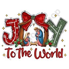 joy to the world with jesus and mary in red bow on white background, surrounded by stars