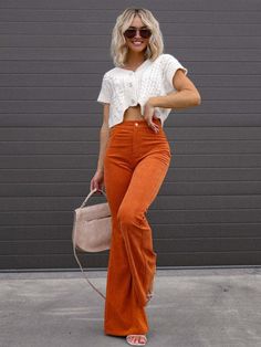 the802gypsy bottom/pants Orange / S GYPSY GIRL-Corduroy High Waist Slim Flared Pants Leg Patchwork, Mini Robes, Dark Khaki, Outfit Combinations, Slim Waist, Casual Boots, Flare Pants, Bell Bottoms, Orange Black