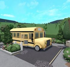 a yellow school bus parked in a parking lot next to some bushes and trees on the other side