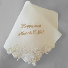 This wedding handkerchief speaks 'bridal sophistication' like none other. Created in a lovely ivory cotton and adorned with a gorgeous venice lace and hand sewn sequins and faux pearls on the one corner. Personalized with your own sentiment for your wedding day this makes the perfect bridal gift for the bride, mother of the bride and mother of the groom. Mother Of The Groom Gift, Linen Wedding, Wedding Hankies, Mother Of The Groom Gifts, Gift For The Bride, Wedding Handkerchief, Wedding Linens, Bridal Gift, Couture Wedding