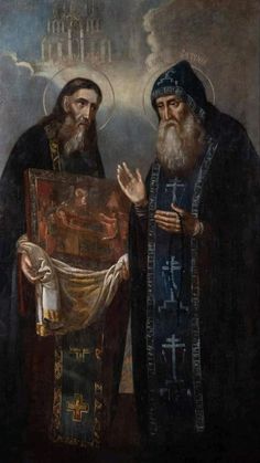 an image of two men standing next to each other in front of a church painting