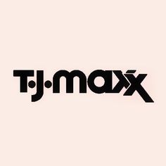 the logo for tj max is shown in black on a light pink background,