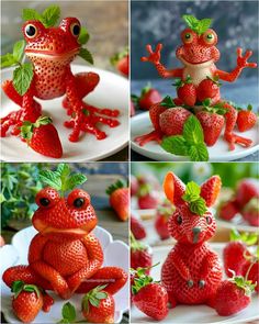 four pictures of red strawberries with green leaves on them and a frog figurine made out of strawberries