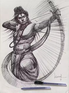 a pencil drawing of a woman holding a bow and arrow in her right hand while standing next to a wheel