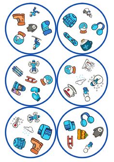 four plates with different types of objects on them in blue and white circles, one has an image of a baby's pacifier next to the other