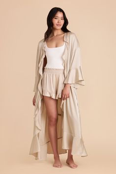 A long, ruffle robe in Neutral Champagne print that's perfect for the morning of your wedding. Shop this jacquard style and more getting-ready styles at Birdy Grey. A floor-length ruffle robe to make a statement while you (or your girls!) get ready. | Neutral Champagne Getting Ready Size Medium/Large | Birdy Grey Minnie Ruffle Robe Mother Of Bride Getting Ready Outfit, Morning Of Wedding Ideas Bridal Parties, Bride Sleepwear, Bridal Getting Ready Outfit, Bridesmaid Getting Ready Outfit, Bride Getting Ready Outfit, Bridal Sleepwear, Wedding Aesthetics, Bridal Events