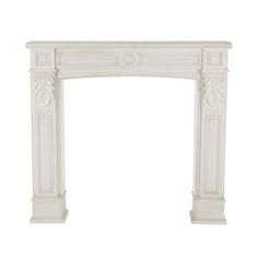 an antique white fireplace mantel with carvings on the front and sides, isolated against a white background