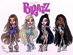 three bratz dolls are standing next to each other in front of a white background