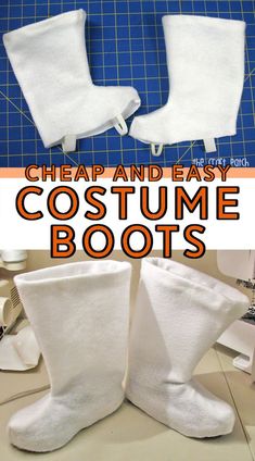 the legs and feet of a pair of white slippers are shown with text overlay reading cheap and easy costume boots