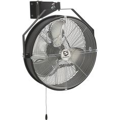 an industrial fan is mounted on the wall and has two blades attached to it's side