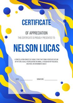 a certificate is shown with blue and yellow bubbles in the background, as well as an abstract