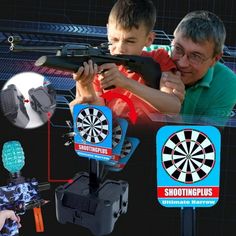 two boys are playing with toys in front of a dart board and target sign that says shootingplugs