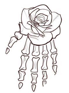 a drawing of a skeleton hand holding a rose with long legs and claws on it