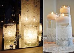 candles are sitting in glass vases on a table with lace doily around them