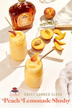 peach lemonade slushy is served in mason jars and garnished with fresh peach slices