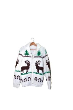 Vintage Cowhichan Reindeer Sweater Hand Knit by founditinatlanta Reindeer Sweater, Wool Sweaters, Vintage Men, Reindeer, Hand Knitting, Graphic Sweatshirt