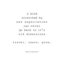 a quote that reads, a mind stretched by new experiences can never go back to it's old dimensionss travel learn grow