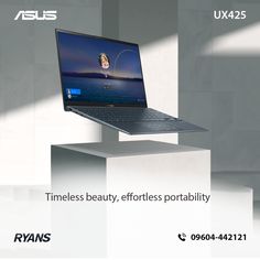 an advertisement for asus'new laptop, the thinnes beauty, effortless portabiility