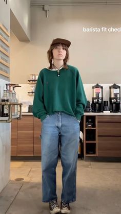 Barista Winter Outfit, Starbucks Outfits Barista, Hot Nerd Aesthetic Outfit, Cozy Barista Outfit, Cute Sick Day Outfits, Coffee Shop Worker Outfit, Winter Barista Outfit, Outfits For Cold Days Schools, Winter Outfits Masc Women