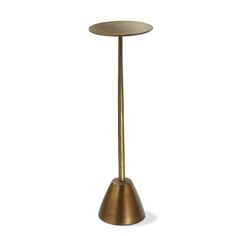 a gold metal table with a wooden top on a white background, it looks like an object that is in the shape of a cone ornament