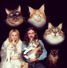 a man and woman sitting with cats in front of their faces on a black background