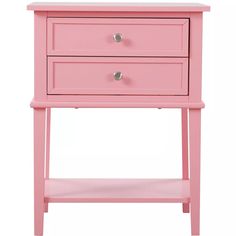 a pink nightstand with two drawers and one drawer on the bottom, against a white background