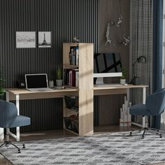 a room with a desk, chair and computer on it