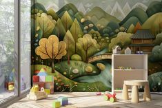 a child's room with a mural on the wall and toys in the floor