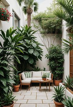 an outdoor patio with potted plants and couches