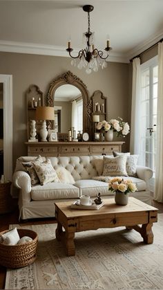 a living room filled with furniture and a chandelier above a coffee table in front of a window