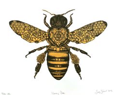 a drawing of a bee with intricate patterns on it's body and wings, sitting in front of a white background