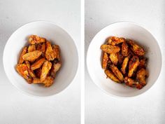 two white bowls filled with food sitting on top of a counter next to each other