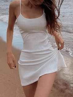 Plain Ribbed Mini Dress White Summer Beach Mini Dress - AnotherChill White Spaghetti Strap, Beach Festival, Aesthetic Dress, Beach Mini Dress, Dress Sleeve Styles, Holiday Beach, Dress Stores Online, Mini Robes, Sling Dress