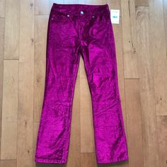 Size: 24 Color: Fuchsia Condition: New W/ Tags Style: Cropped Slightly Flared Velvet Pants With Zip Front And Button Closure. Back Pockets, Plenty Of Stretch And A Beautiful Color! Please Reach Out W/ Any Questions! Purple Straight Leg Pants For Fall, Purple Full Length Jeans For Spring, Purple Jeans For Spring, Fall Purple Straight Leg Bottoms, Purple Straight Leg Bottoms For Fall, Fitted Straight Leg Pants In Purple, Fitted Mid-rise Purple Bottoms, Fitted Purple Mid-rise Bottoms, Purple Straight Pants For Fall